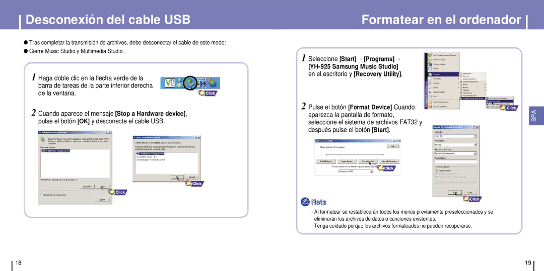 Samsung YH-925GS/ELS, YH-925GS/XEC manual Desconexión del cable USB, Formatear en el ordenador 