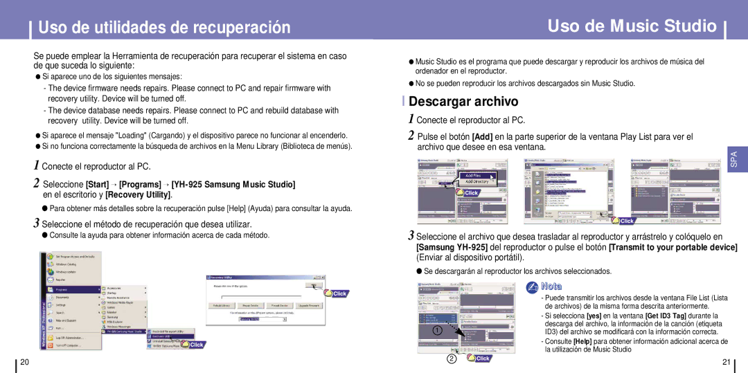 Samsung YH-925GS/XEC, YH-925GS/ELS manual Uso de utilidades de recuperación, Uso de Music Studio, Descargar archivo 