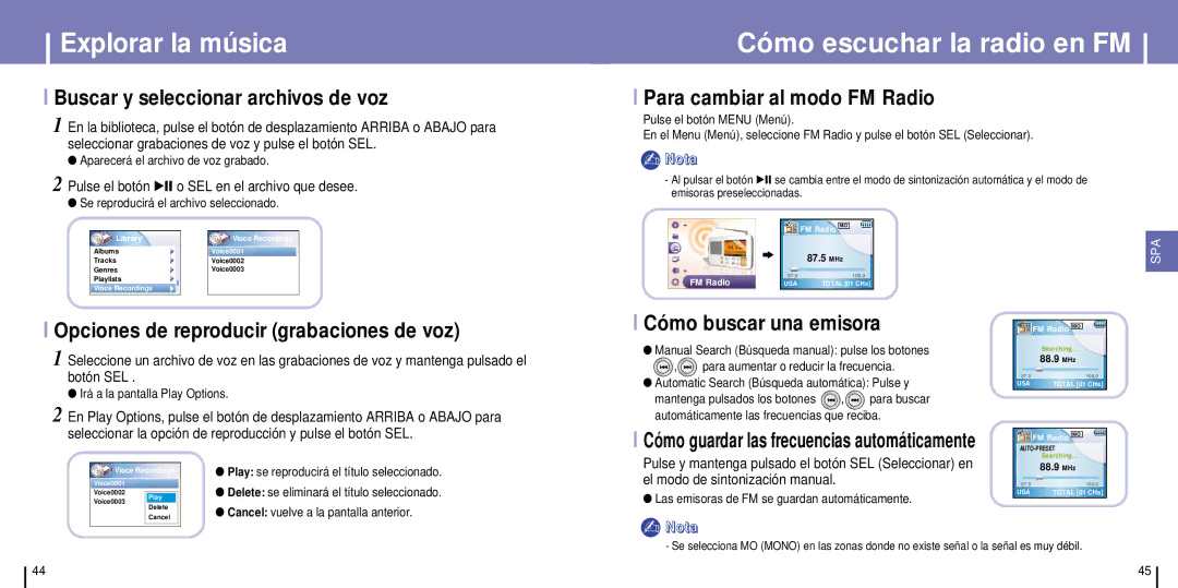 Samsung YH-925GS/XEC Cómo escuchar la radio en FM, Buscar y seleccionar archivos de voz, Para cambiar al modo FM Radio 