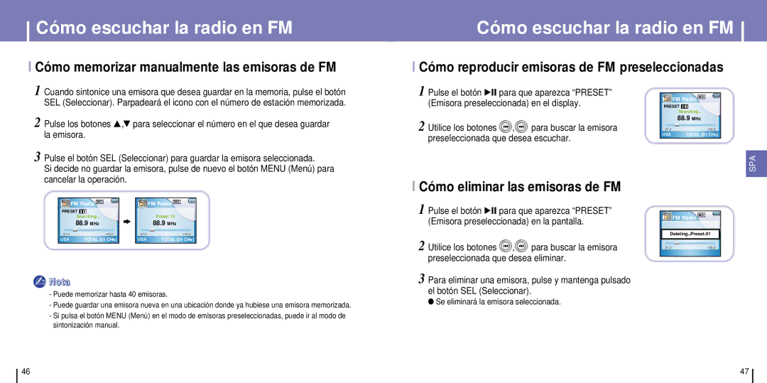 Samsung YH-925GS/ELS Cómo memorizar manualmente las emisoras de FM, Cómo reproducir emisoras de FM preseleccionadas 