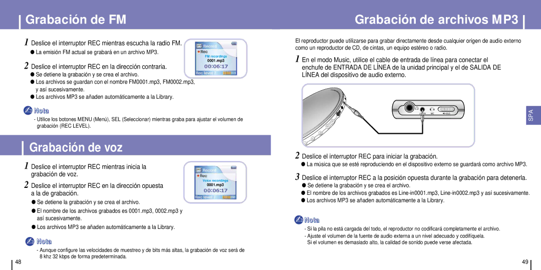 Samsung YH-925GS/XEC, YH-925GS/ELS manual Grabación de FM, Grabación de voz, Grabación de archivos MP3 