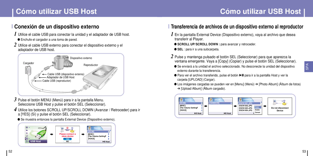 Samsung YH-925GS/XEC, YH-925GS/ELS manual Cómo utilizar USB Host, Conexión de un dispositivo externo, Device 