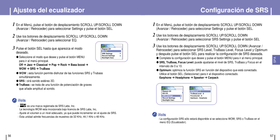 Samsung YH-925GS/XEC, YH-925GS/ELS manual Ajustes del ecualizador, Configuración de SRS, Deseado, WOW SRS TruBass 