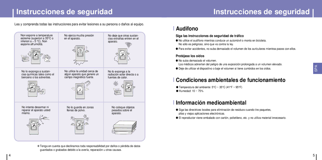 Samsung YH-925GS/XEC, YH-925GS/ELS manual Instrucciones de seguridad, Audífono, Condiciones ambientales de funcionamiento 