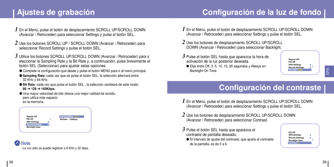 Samsung YH-925GS/ELS, YH-925GS/XEC Ajustes de grabación, Configuración de la luz de fondo, Configuración del contraste 