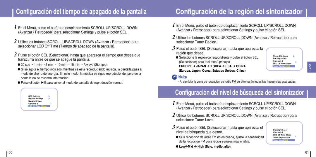 Samsung YH-925GS/XEC manual Sec → 1 min → 5 min → 10 min → 15 min → Always Siempre, Pantalla no se muestra información 