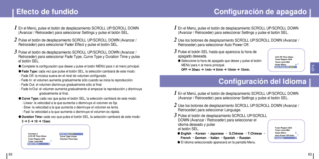 Samsung YH-925GS/ELS, YH-925GS/XEC manual Efecto de fundido, Configuración del Idioma, Settings Fader Effect 