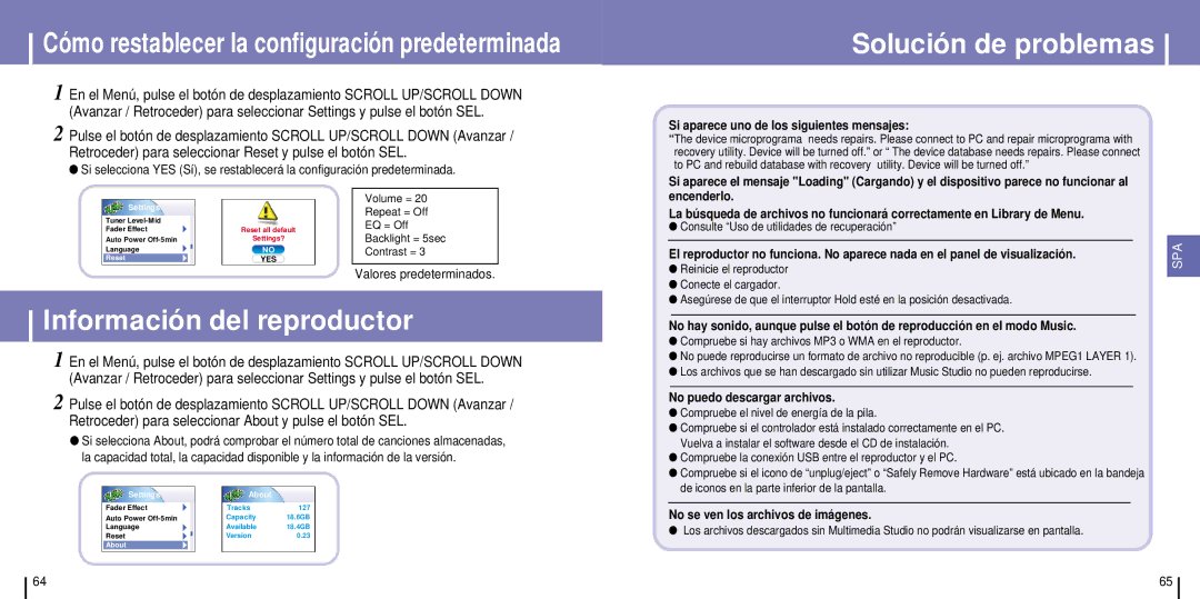 Samsung YH-925GS/XEC manual Solución de problemas, Información del reproductor, Si aparece uno de los siguientes mensajes 