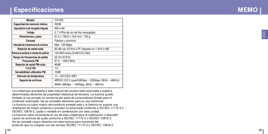 Samsung YH-925GS/XEC, YH-925GS/ELS manual Especificaciones, Modelo 