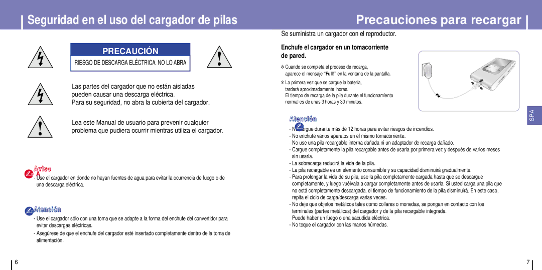 Samsung YH-925GS/ELS, YH-925GS/XEC manual Seguridad en el uso del cargador de pilas, Precauciones para recargar 