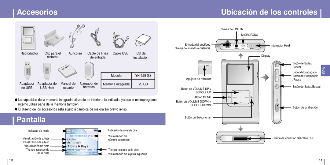 Samsung YH-925GS/ELS, YH-925GS/XEC manual Accesorios, Ubicación de los controles, Pantalla 