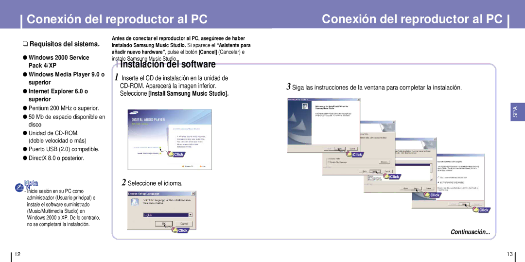 Samsung YH-925GS/XEC, YH-925GS/ELS Conexión del reproductor al PC, Pentium 200 MHz o superior Mb de espacio disponible en 