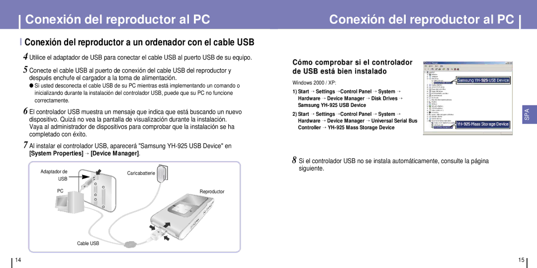 Samsung YH-925GS/ELS, YH-925GS/XEC manual Conexión del reproductor a un ordenador con el cable USB 