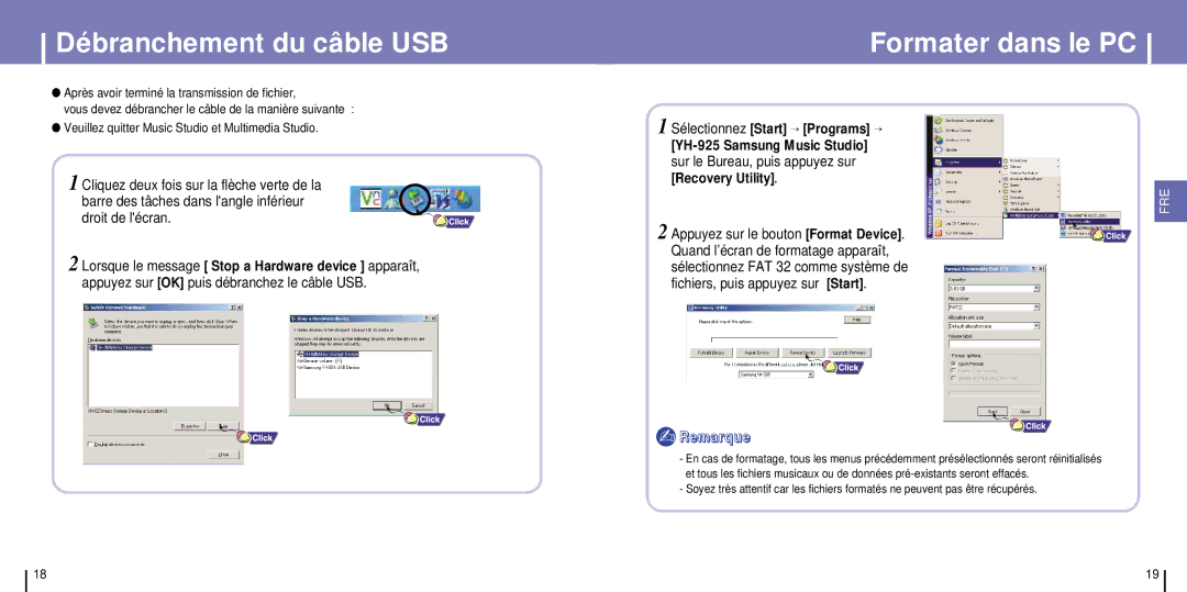 Samsung YH-925GS/ELS manual Débranchement du câble USB, Formater dans le PC 