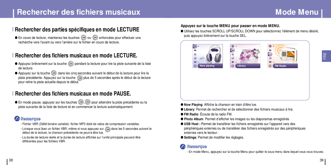 Samsung YH-925GS/ELS manual Rechercher des fichiers musicaux, Mode Menu, Rechercher des parties spécifiques en mode Lecture 