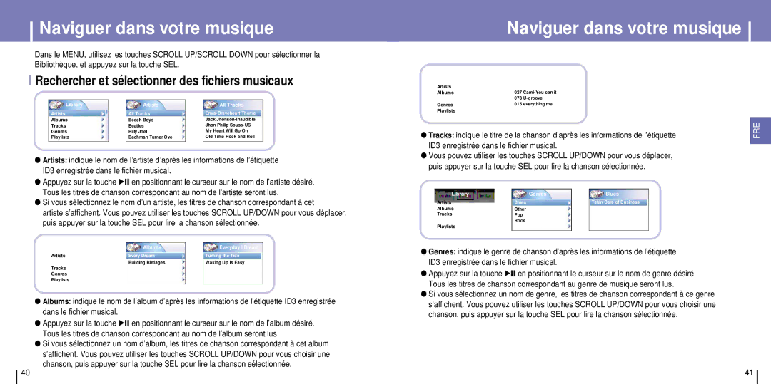 Samsung YH-925GS/ELS manual Naviguer dans votre musique, Rechercher et sélectionner des fichiers musicaux 