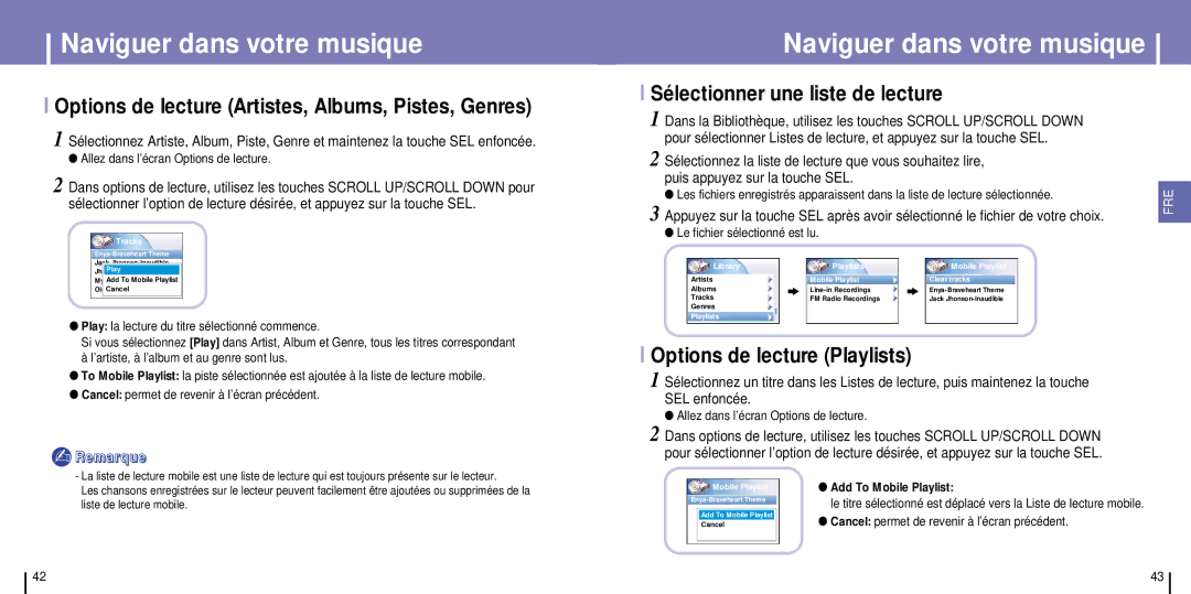 Samsung YH-925GS/ELS manual Options de lecture Artistes, Albums, Pistes, Genres, Sélectionner une liste de lecture 