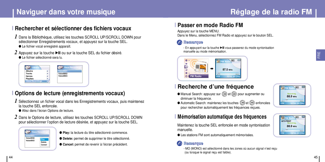 Samsung YH-925GS/ELS manual Réglage de la radio FM, Rechercher et sélectionner des fichiers vocaux, Passer en mode Radio FM 