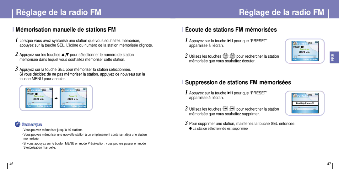 Samsung YH-925GS/ELS manual Mémorisation manuelle de stations FM, Écoute de stations FM mémorisées 