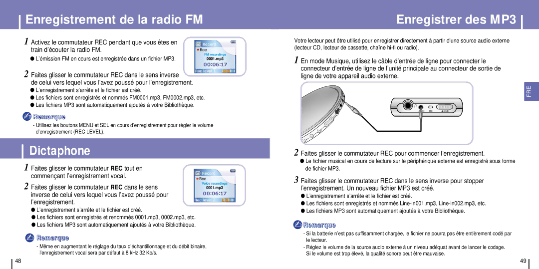 Samsung YH-925GS/ELS manual Enregistrement de la radio FM Enregistrer des MP3, Dictaphone 