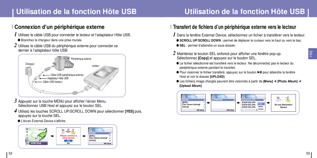 Samsung YH-925GS/ELS manual Utilisation de la fonction Hôte USB, Connexion dun périphérique externe, Device 