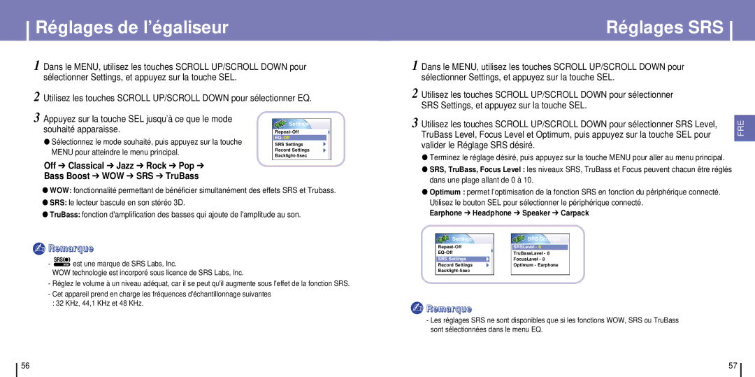 Samsung YH-925GS/ELS Réglages de l’égaliseur, Réglages SRS, Menu pour atteindre le menu principal, Settings SRS Settings 