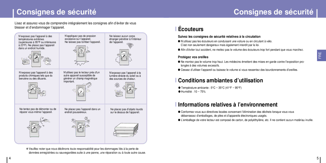 Samsung YH-925GS/ELS manual Consignes de sécurité, Écouteurs, Conditions ambiantes d’utilisation 