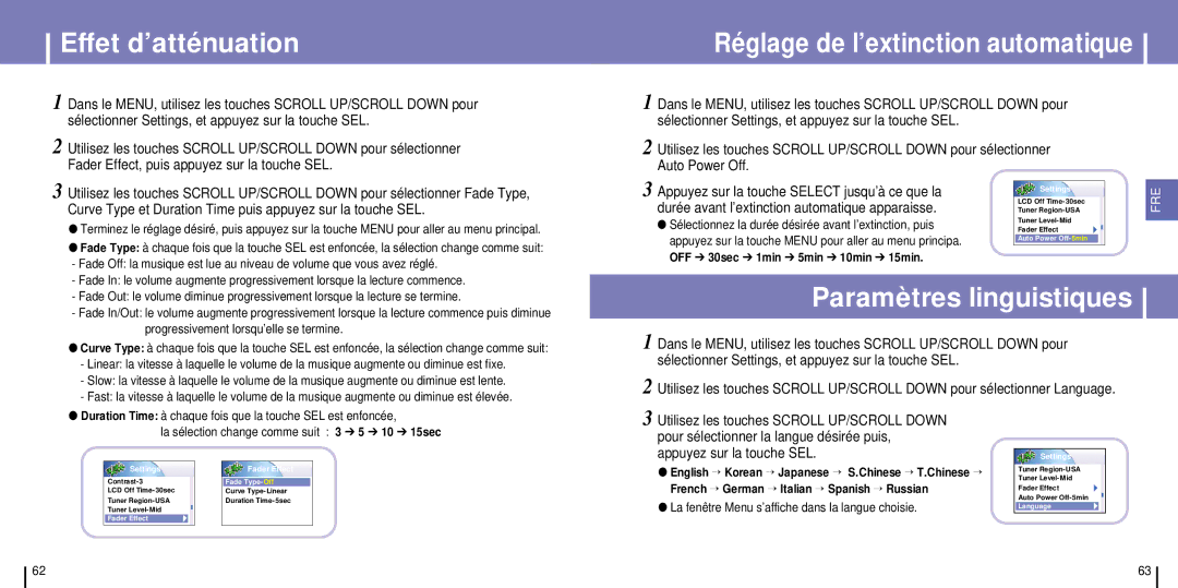 Samsung YH-925GS/ELS manual Effet d’atténuation, Réglage de l’extinction automatique, Paramètres linguistiques 