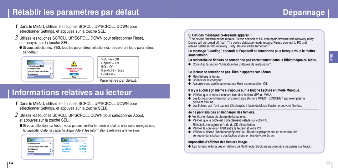 Samsung YH-925GS/ELS manual Rétablir les paramètres par défaut, Dépannage, Informations relatives au lecteur 