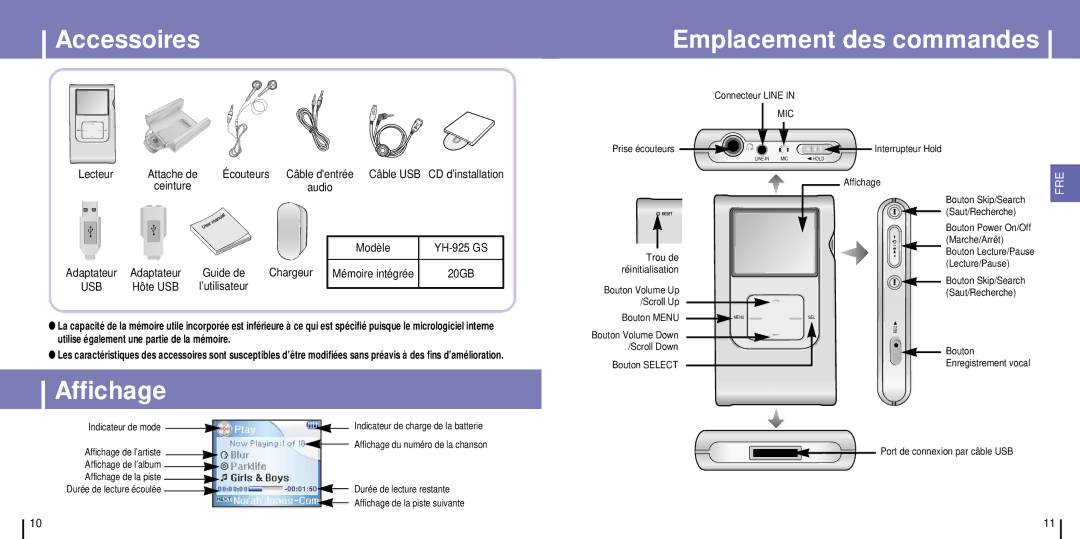 Samsung YH-925GS/ELS manual Accessoires, Emplacement des commandes, Affichage 