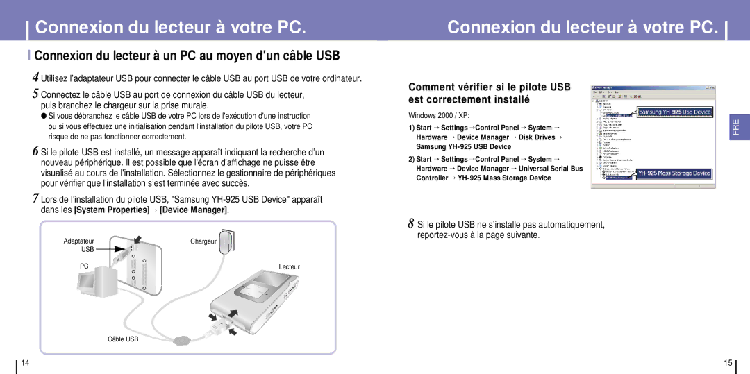 Samsung YH-925GS/ELS manual Connexion du lecteur à un PC au moyen dun câble USB 