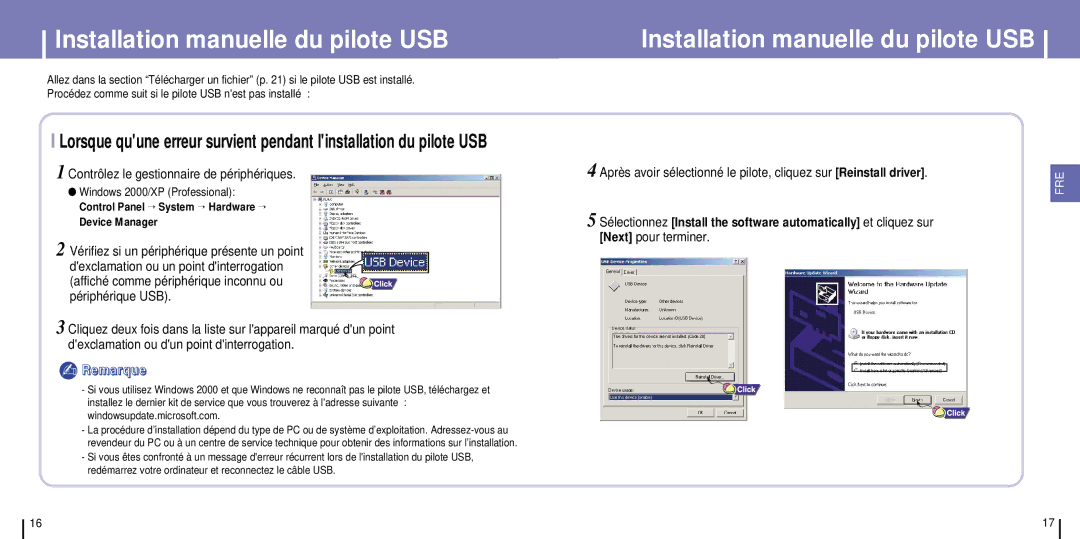 Samsung YH-925GS/ELS Installation manuelle du pilote USB, Contrôlez le gestionnaire de périphériques, Next pour terminer 