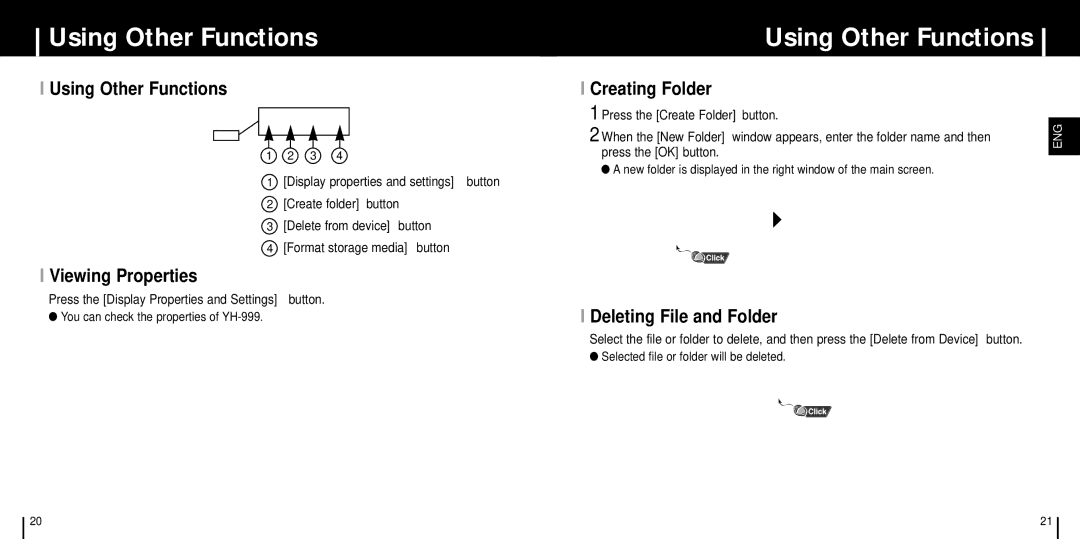 Samsung YH-999 manual Using Other Functions, Viewing Properties, Creating Folder, Deleting File and Folder 