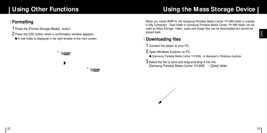 Samsung YH-999 manual Using the Mass Storage Device, Formatting, Connect the player to your PC Open Windows Explorer on PC 