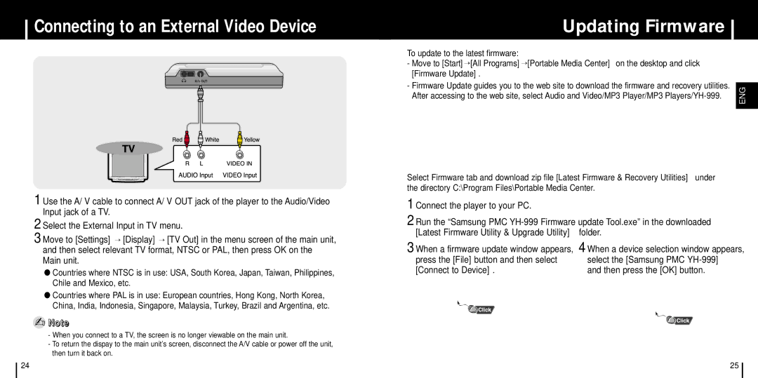 Samsung YH-999 manual Connecting to an External Video Device, Updating Firmware 