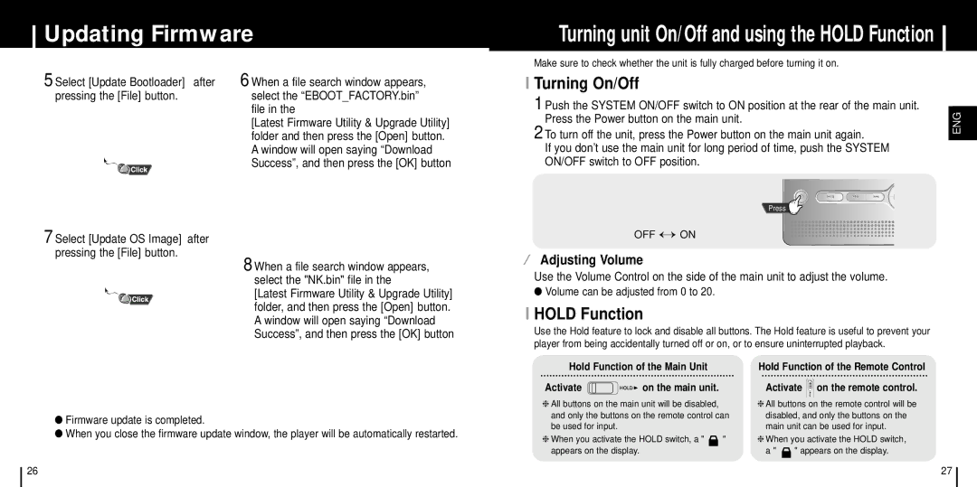 Samsung YH-999 manual Turning On/Off, Hold Function 