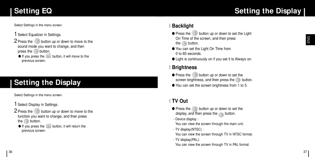 Samsung YH-999 manual Setting EQ, Setting the Display, Backlight, Brightness, TV Out 