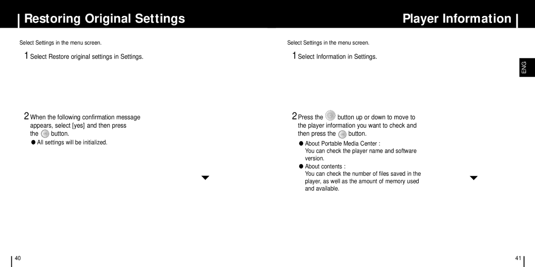 Samsung YH-999 manual Restoring Original Settings, Player Information, Select Restore original settings in Settings 