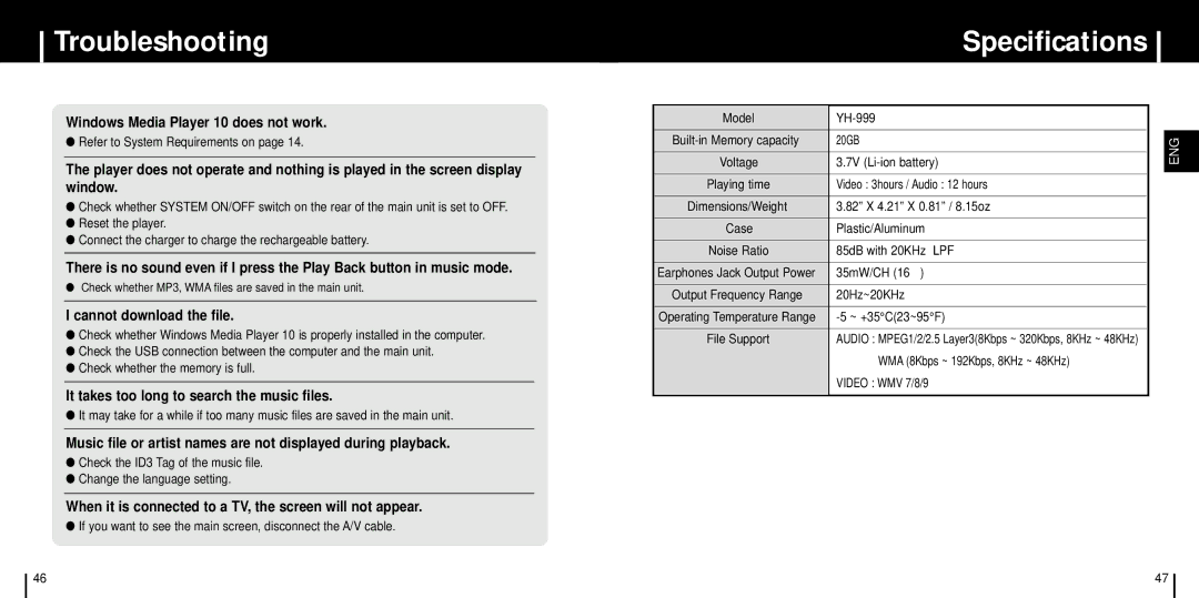 Samsung YH-999 manual Troubleshooting, Cannot download the file 