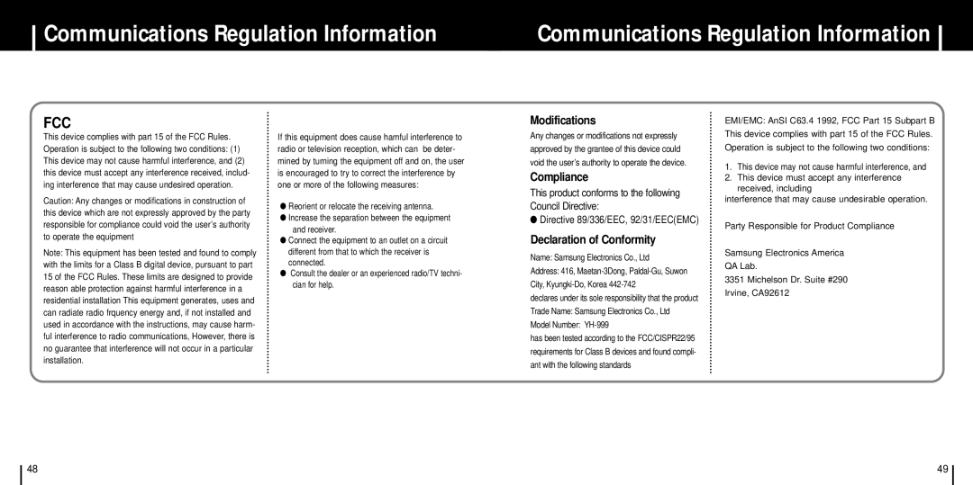 Samsung YH-999 manual Communications Regulation Information, Fcc 