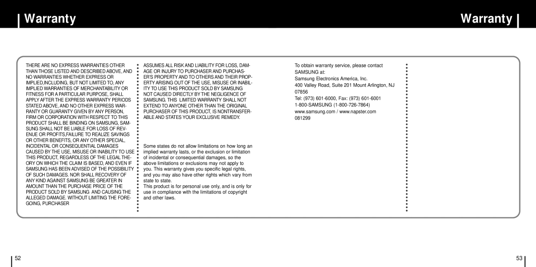 Samsung YH-999 manual Warranty 