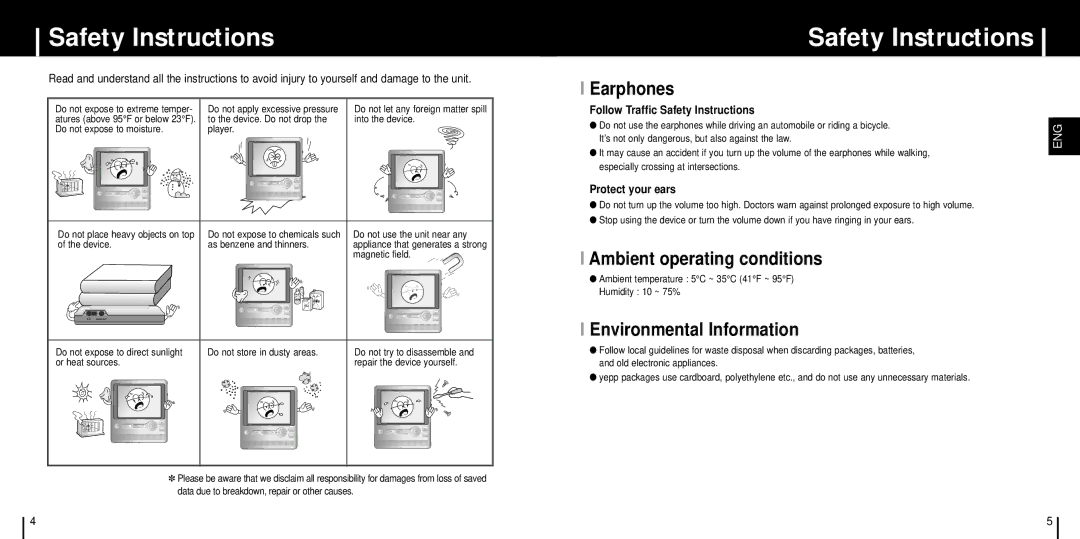 Samsung YH-999 manual Safety Instructions, Earphones, Ambient operating conditions, Environmental Information 