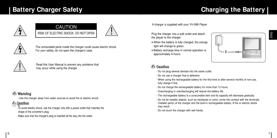 Samsung YH-999 manual Battery Charger Safety, Charging the Battery 