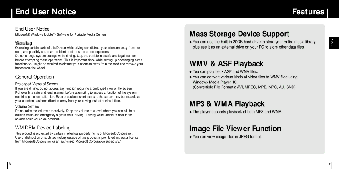 Samsung YH-999 manual End User Notice, Features, Player supports playback of both MP3 and WMA 