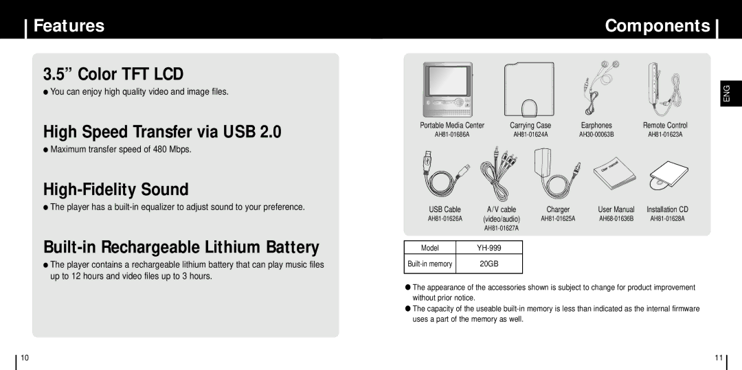 Samsung YH-999 manual Components, You can enjoy high quality video and image files, Maximum transfer speed of 480 Mbps 