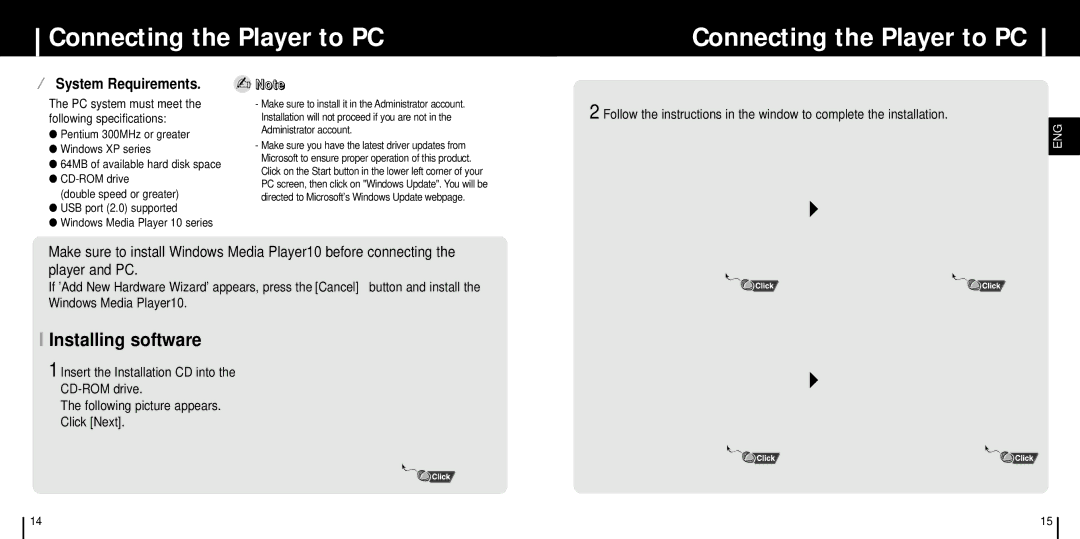 Samsung YH-999 manual Connecting the Player to PC, Installing software 