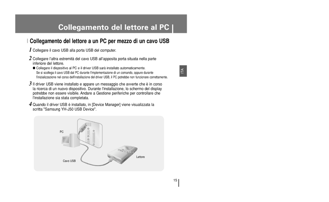 Samsung YH-J50KB/ELS, YH-J50GB/ELS manual Collegamento del lettore a un PC per mezzo di un cavo USB 