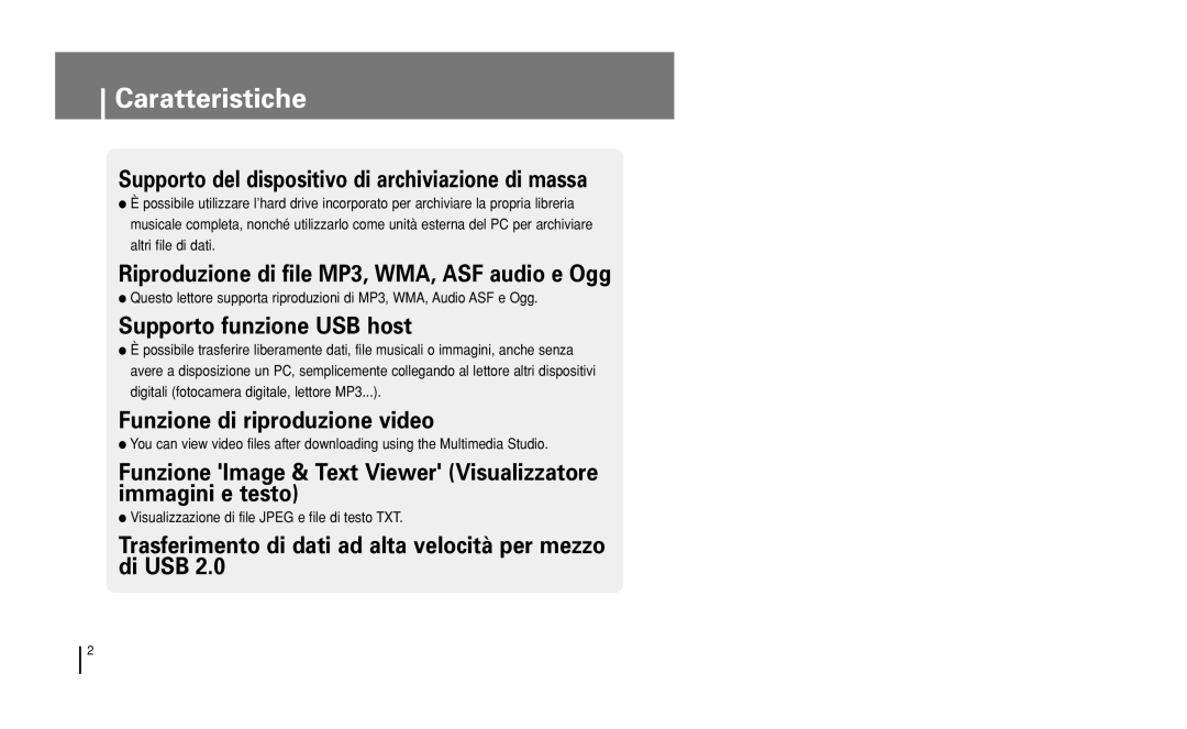 Samsung YH-J50GB/ELS, YH-J50KB/ELS manual Caratteristiche, Visualizzazione di file Jpeg e file di testo TXT 