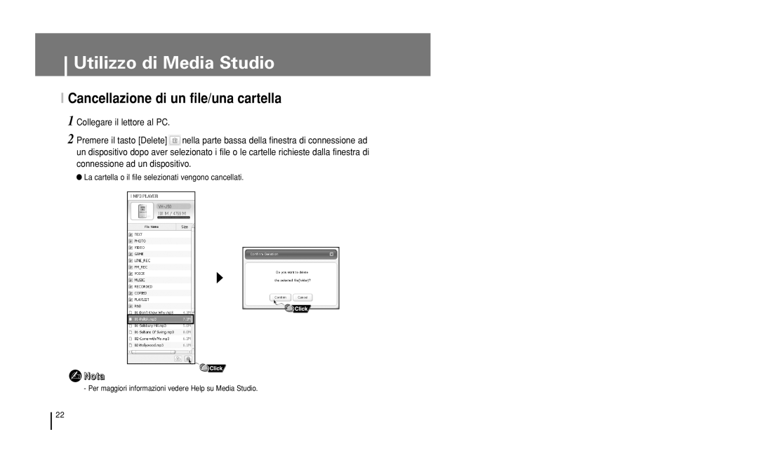 Samsung YH-J50GB/ELS, YH-J50KB/ELS manual Cancellazione di un file/una cartella 