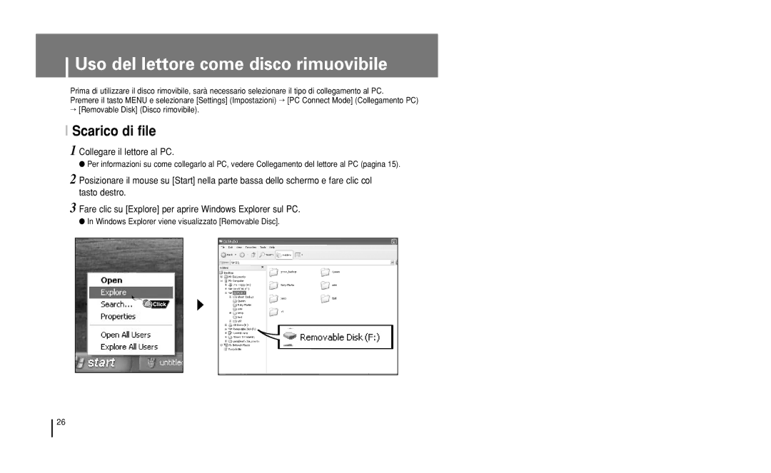 Samsung YH-J50GB/ELS, YH-J50KB/ELS manual Uso del lettore come disco rimuovibile, Scarico di file 